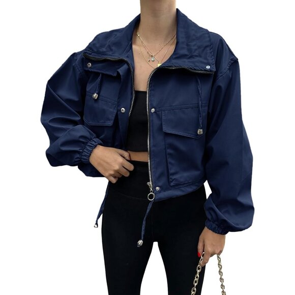 Womens Navy Tankaneo Cropped Jacket Zip Up Oversized Utility Anorak Coat - Picture 2 of 4